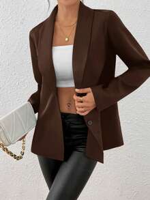 EMERY ROSE Chaqueta de blazer ajustada de manga larga y sexy de color negro para mujer, para invierno - Café integral - Ver 6