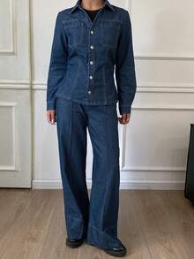 Livesso 秋冬新款宽松休闲都市风女牛仔两件套 - 藍色 - 查看 4