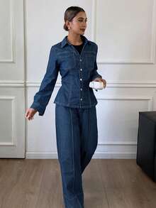 Livesso 秋冬新款宽松休闲都市风女牛仔两件套 - 藍色 - 查看 6