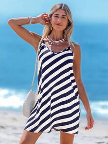 Sylviya 條紋印花吊帶洋裝 - 藍白色 - 查看 4