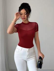Elenzga Women's 2025 Summer Solid Color Versatile Mesh Patchwork Round Neck Short Sleeve T-Shirt - Burgundy - View 5