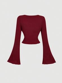 SHEIN MOD 女式圆领长袖 T 恤，拉绒罗纹针织修身休闲 T 恤 - 酒紅色 - 查看 2