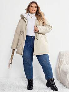 SHEIN CURVE+ Curve Plus Size Solid Colored Hooded Padded Coat With Waist Drawstring/Winter - Apricot - View 4