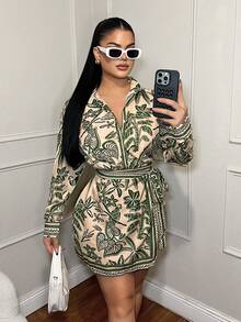 SHEIN SXY Printed Long Sleeve Polo Shirt Dress, Women Long Sleeve Dress ,Belted Long Sleeve Mini Dress, Mini Shirt Dress, Tropical Pattern Dress, Tropical Print Dress, Elegant Mini Dress, Belted Mini Dress,Summer,Elegant - Multicolor - View 5