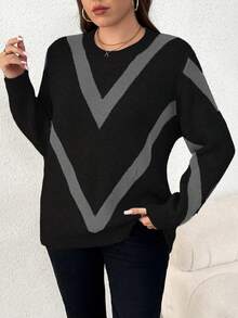 Elenzga Áo len dệt kim Jacquard cổ tròn tay dài thời trang thường ngày cỡ lớn cho nữ, thu/đông - Xám - Xem 5