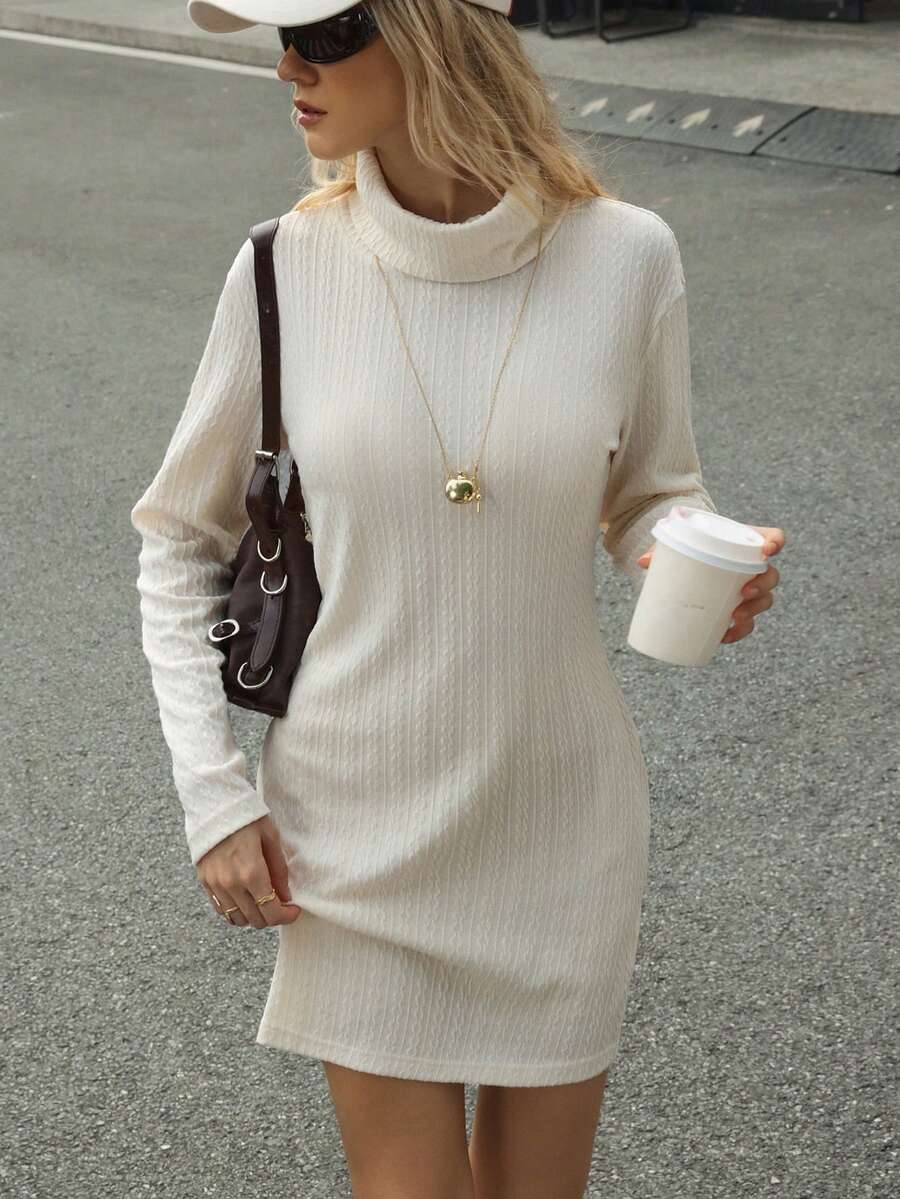 Chiquease Autumn/Winter New Arrival Cable Knit Turtleneck Ribbed Dress Mock Neck Dress Turtle Neck Dress White Long Sleeve Dress - Beige - View 1