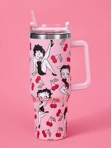 Betty Boop x SHEIN 40 盎司/1200 毫升真空隔热不锈钢，防漏盖，适合热饮/冷饮，适合大多数杯架 - 粉色 - 查看 4