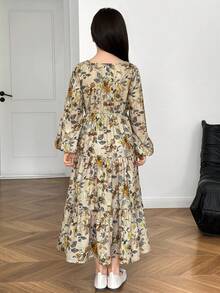 Tween Girl Ditsy Floral V 领泡泡袖拼布连衣裙，休闲度假梭织花卉连衣裙，卡其色/杏色 - 杏色 - 查看 3