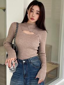 DAZY 女士秋季新款镂空修身套头衫，秋季女装 - 卡其色 - 查看 2