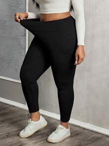 SHEIN PETITE CURVE 大码女式纯色高腰休闲保暖内衬打底裤，适合秋冬季 - 黑色 - 查看 3
