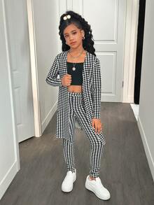 SHEIN Nova Glow Tween Girl NOVA Store, Casual Plaid Print Long Sleeve Cardigan Sweater & Leggings 2 Pieces Set - Black and White - View 3