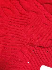 Vionelle Plus Size V-Neck Wavy Hem Drawstring Cable Knit Pattern Long Sleeve Sweater Dress, Solid Color, Casual & Fashionable For Autumn/Winter - Red - View 8