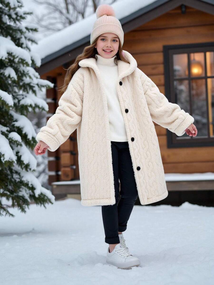 Flickans höst-/vinterjacka med huva, stickad fuskpäls, mjuk och avslappnad, lämplig för vardagsbruk - Aprikos - Visa 1
