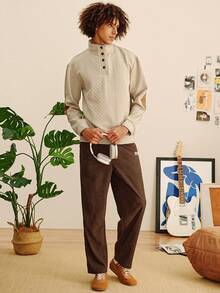 Open Phase 男士提花针织长袖上衣，秋冬简约立领打底衫，纯色圆领T恤，男士长袖T恤，春夏送给男友的节日礼物 - 卡其色 - 查看 3