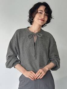 FRIFUL 女式休闲纯色系带T恤，秋季 - 灰色 - 查看 5
