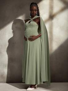 SHEIN Cherish Maternity Elegant Beaded Decor Maternity Dress For Photoshoot - Green - View 4