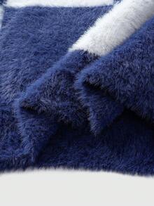 ROMWE MEN Prep Men's Casual Plaid Button Fuzzy Knit Cardigan, Winter - Blue and White - View 6