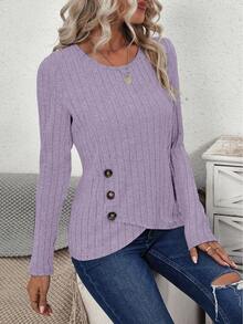 EMERY ROSE Áo thun nữ màu trơn cổ tròn vai thường tay dài ôm dáng bo gân kiểu dáng thường ngày - Màu tím hoa cà - Xem 4