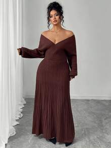 Elenzga Luxurious Ceiling, Deep Brown Off-Shoulder Knit Dress, Elegant Yet Sexy, Autumn/Winter - Coffee Brown - View 3