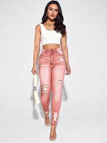 SHEIN PETITE Women's Casual Distressed Skinny Fit Denim Jeans - Pink - View 6