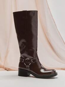 SHUZIA New Versatile Women's Fashion Chocolate PU Daily Versatile Comfortable Knee-High Biker Boots Fall Winter Holiday Shoe