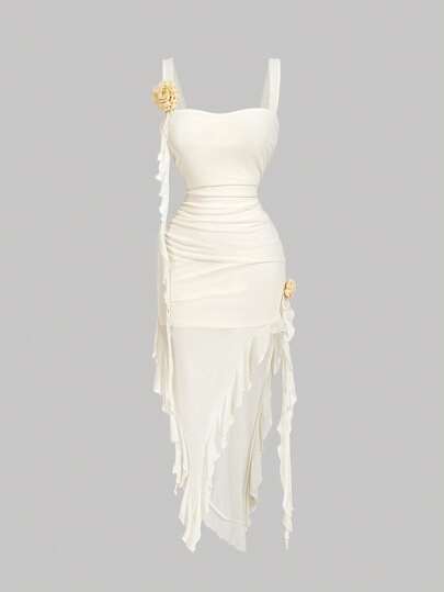 SHEIN MOD Apricot Romantic 3D Floral Print Women's Dress, Dating Outfit, Valentine's Day Outfit New Years Dress Women