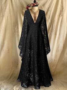 Lyrianda High-End Luxury French Lace Cutout Texture Fabric Dress, New Fashion Elegant V-Neck Flare Sleeve Dress, Formal Party Evening Gown, Birthday Dress For Women - Black - View 3