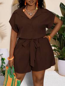 Slaydiva 2025 New Versatile Casual All-Match Beach Short Sleeve Jumpsuit/Rompers For Women, Summer, With Belt - A Brown Dress Plus Size Brown Romper Plus Size Short Sets Earthy Plus Size Brown Romper Women
