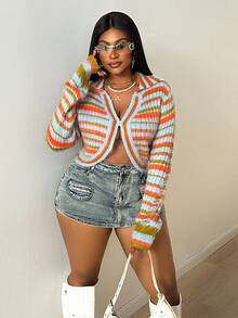 Maweii Women's Retro Street Design Gorgeous Brushed Fabric Sexy Straight Shoulder Long Sleeve Lapel Ripped Color Stripes Metal Buckle Slim Short Plus Size Cardigan, Spring Fall Winter - Multicolor - View 3