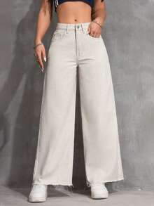 SHEIN ICON Solid Color Pocket Casual Versatile Wide Leg Jeans - Khaki - View 3