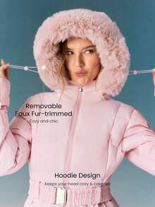GLOWMODE Skiing Collection Slope Side Breathable Water-Repellant Thick Durable Detachable Faux Fur Trim Hood Zippers Pockets Relaxed Fit Belted Puffer Jacket Autumn Winter Outdoors Skiing Wear - Pink - View 6