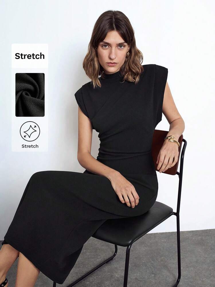 SHEIN Maija Women's Black Wide Shoulder Design Cinched Waist Long Dress, Versatile For All Seasons, Elegant Casual Business Commuter Dress With Sophisticated Urban Vibe Elegant And Intellectual Female Wedding Guest Dress Outfit And Beautiful French Lazy High-End Sense Of Intelligence And Elegance Old Money Style Cruise Clothing Vacation Wear All-Season Christmas Evening Clothes New Year Atmosphere Holiday Party Women's Clothing Modern Urban Casual Fashion Business Casual Women's Office Wear Low-Key Women Easter Summer Outfits Easter Dress Women Party Top Beach Dress Summer Holiday Outfits Each Vacation Outfits For Women  Summer Outfit For Women Going Out Outfits Graduation Graduation Outfit  Casual Dresses  Casual Blouses For Women Elegant Women's Blouses Casual Blouse For Women Formal Attire For Women Office Wear Women Business