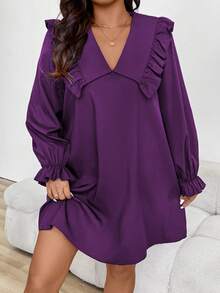 EMERY ROSE Plus Size Women's Elegant Romantic Cute Simple Solid Color Peter Pan Collar Ruffle Sleeve Loose Dress, Spring/Autumn - Purple - View 3