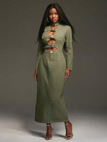 NYA SZN Dress Long Sleeve Fitted Buckle Cut Out Detail Zipper Cargo Streetwear Maxi Length Green Fall Winter Carnival Outfits For Women - Green - View 5