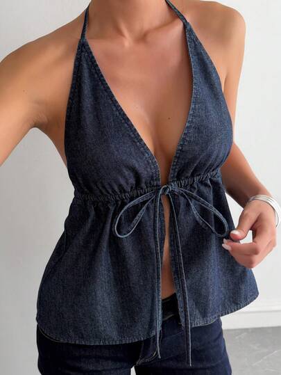 DAZY Women's Summer Halter Tie Waist Bowknot Denim Blouse, Vacation Style