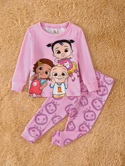 CoComelon X SHEIN 2pcs Baby Girl Cartoon Graphic Round Neck Full Print Long Sleeve Top And Pants Casual Sleepwear Set