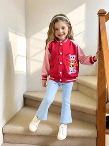 Elladie kids Áo khoác bóng chày Bomber cho bé gái hở phía trước dài tay họa tiết mèo hoạt hình dễ thương Áo thể thao thường ngày, thích hợp cho kỳ nghỉ, du lịch, dã ngoại, mùa xuân và mùa thu - Màu Hồng Tươi - Xem 1