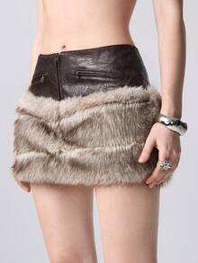 ROMWE EDITION Y2K Vintage Ultra Low Waist Faux Fur Patchwork Distressed PU Mini Skirt For Women - Khaki - View 1