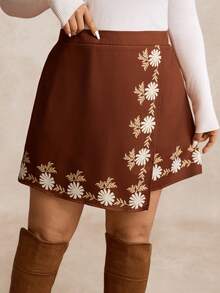 EMERY ROSE Plus Size Women's Brown Floral Print Asymmetric Hem Skirt, Suitable For Ladies Autumn Wear - Brown - View 5