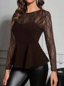 Gownix 女士优雅派对蕾丝拼布腰部 T 恤 - 棕色 - 查看 3