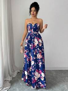 Elenzga 女士优雅浪漫褶皱A字花卉印花无袖连衣裙 - 彩色 - 查看 1