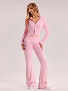 SHEIN Sovereign Charm Regular Fit Long Sleeve Hooded Knit Set Pink 2 Piece Set - Pink - View 5