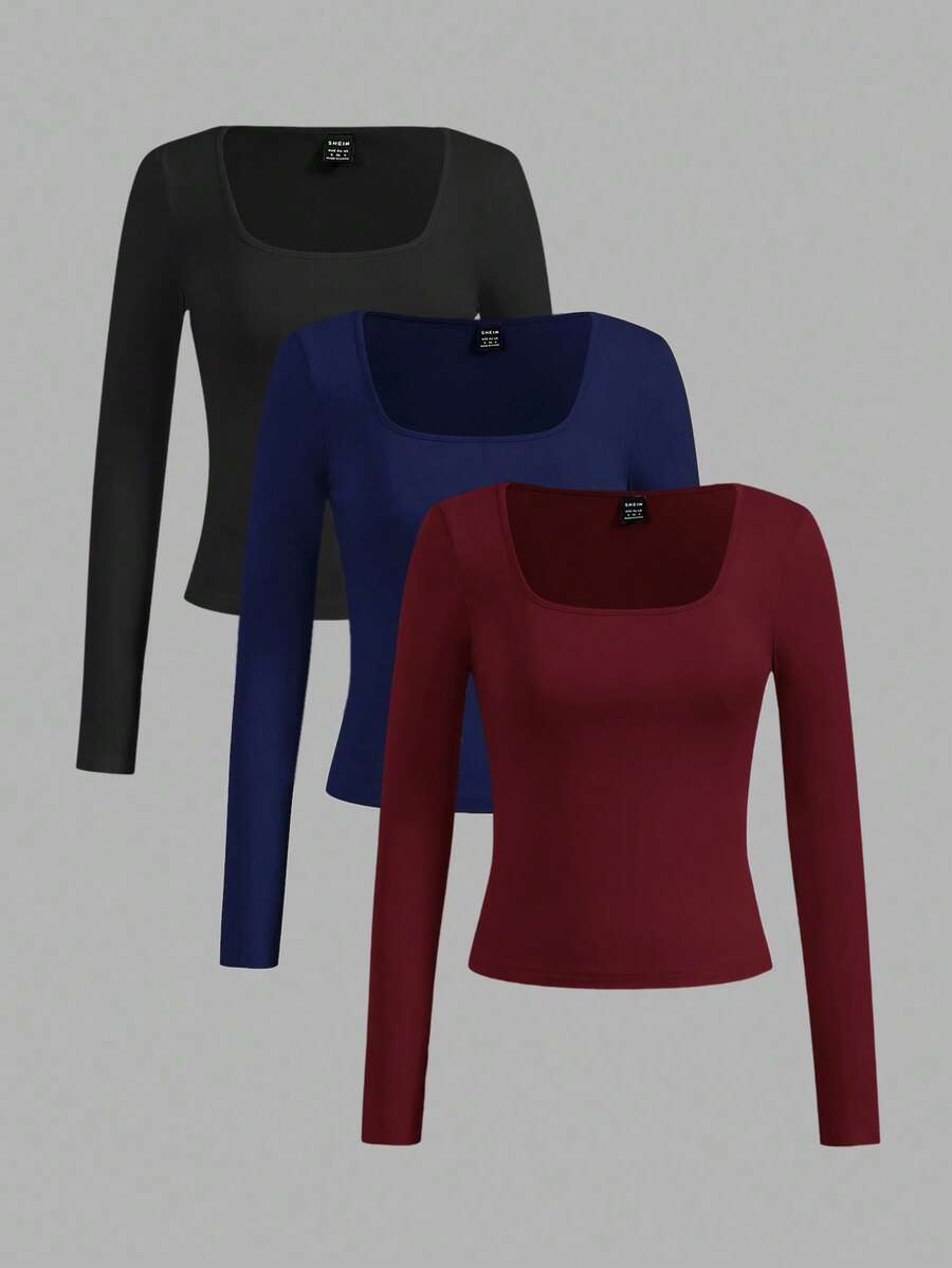 SHEIN EZwear 3件套休闲纯色百搭圆领修身女式T恤，秋冬季 - 彩色 - 查看 1