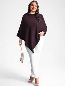 INAWLY Chal de punto holgado con dobladillo asimétrico de unicolor para mujer de talla grande - Burdeos - Ver 5