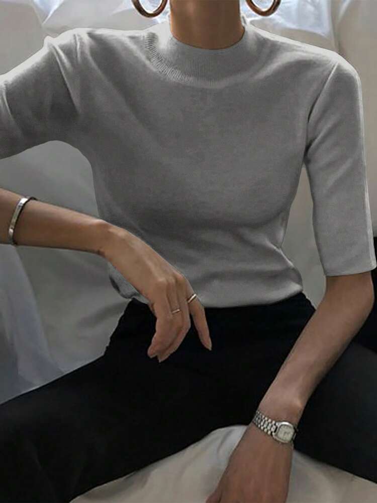 Women's Turtleneck Fitted Ribbed Half Sleeve Knit Sweater Top