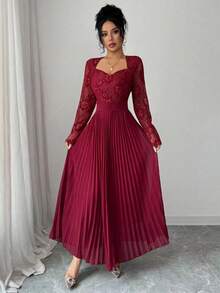Modelyn Robe de soirée plissée pour femmes avec encolure en forme de cœur et patchwork de dentelle, style français - Rouge foncé - Voir 6