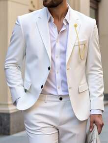 Calvornis Men's Simple Solid Color Jacket And Pants Suit, Party/Business Attire - White - View 6