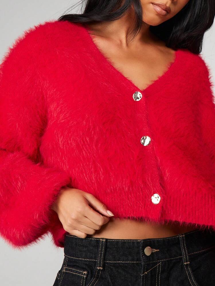 MISSGUIDED Cárdigan corto de punto esponjoso con botones dorados para Navidad