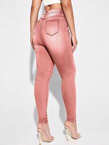 SHEIN PETITE Women's Casual Distressed Skinny Fit Denim Jeans - Pink - View 2