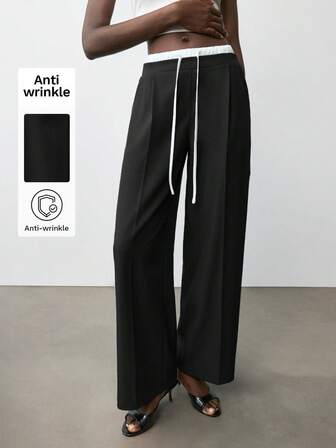 Maija מכנסי גזרה עם שרוך בצבע ניגוד לנשים, מכנסי עסקים קז'ואל לנסיעות עירוניות, מכנסי גזרה רחבה בסיסיים, מכנסי חוף אלגנטיים, סתיו/חורף